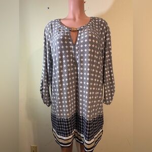 Anne Klein women 1X dress‎ 3/4 Sleeve Short blue w/tan white pattern gold clasp